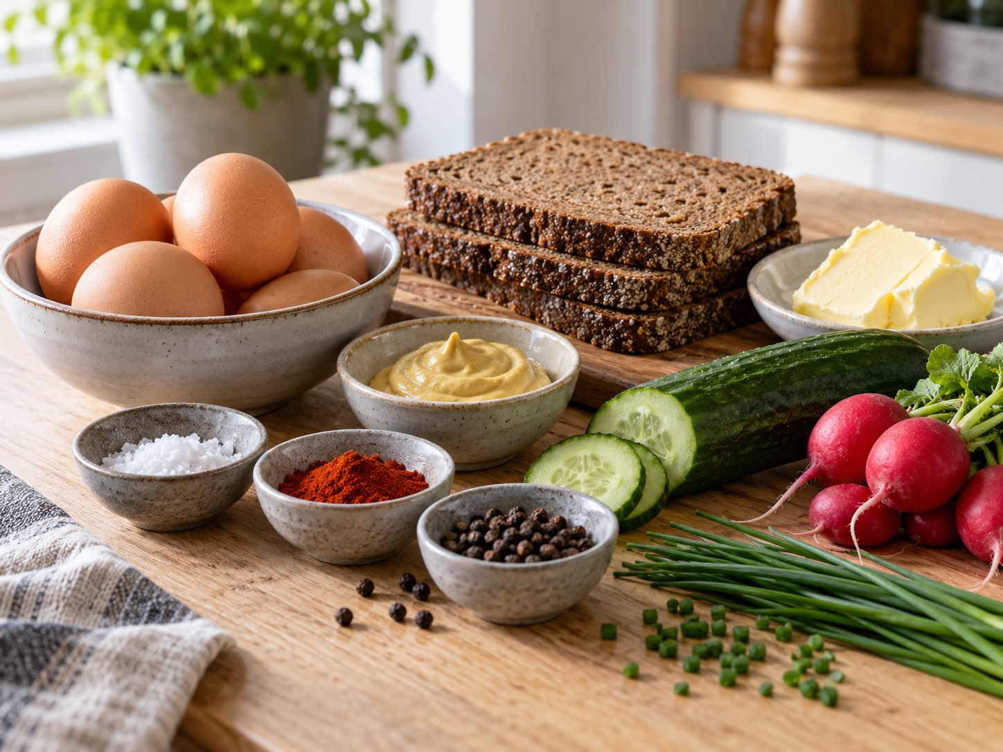 Zutaten für Eierbrot mit Eiern, dunklem Brot, Butter und Schnittlauch