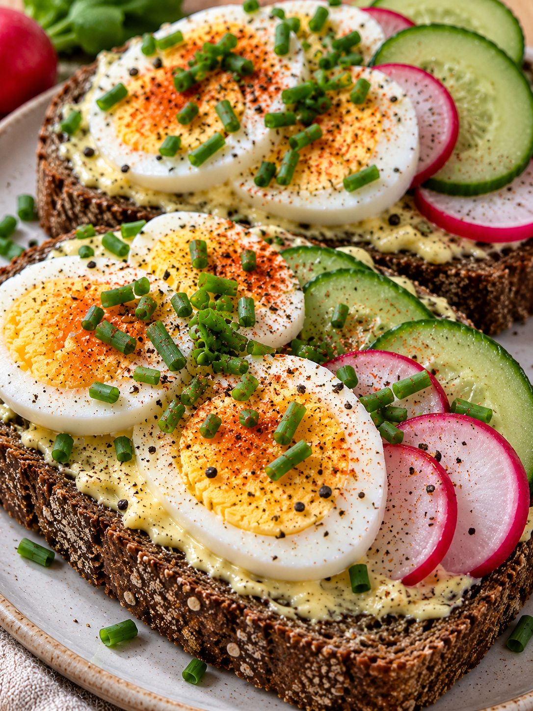 Klassisches Eierbrot mit gekochtem Ei, Schnittlauch und Pfeffer