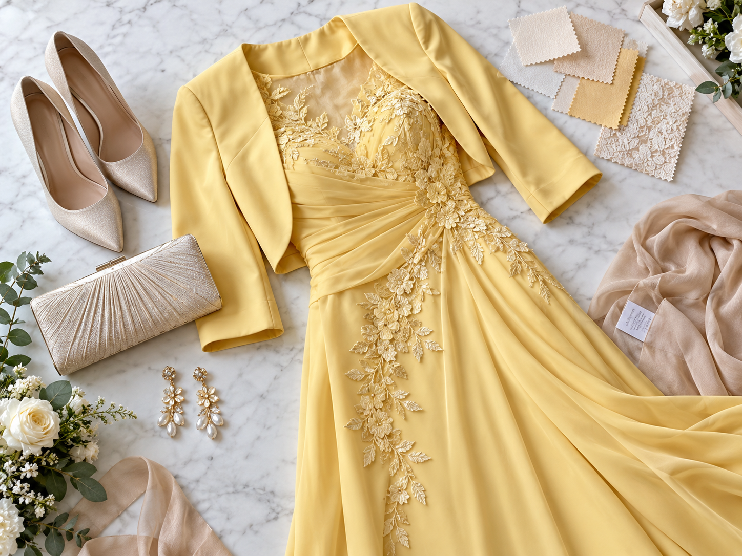 Gelbes Festkleid mit passenden Schuhen, Tasche, Schmuck und Farbmusterkarten