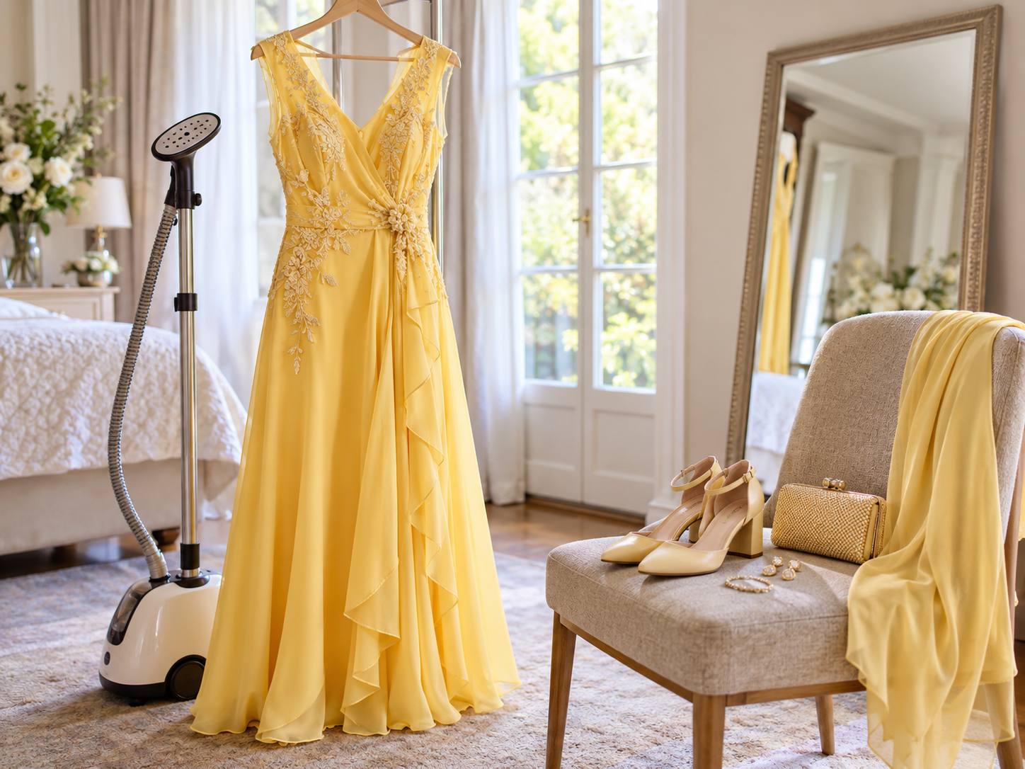 Vorbereitetes gelbes Hochzeitsoutfit mit Schuhen, Tasche und Schmuck vor der Feier