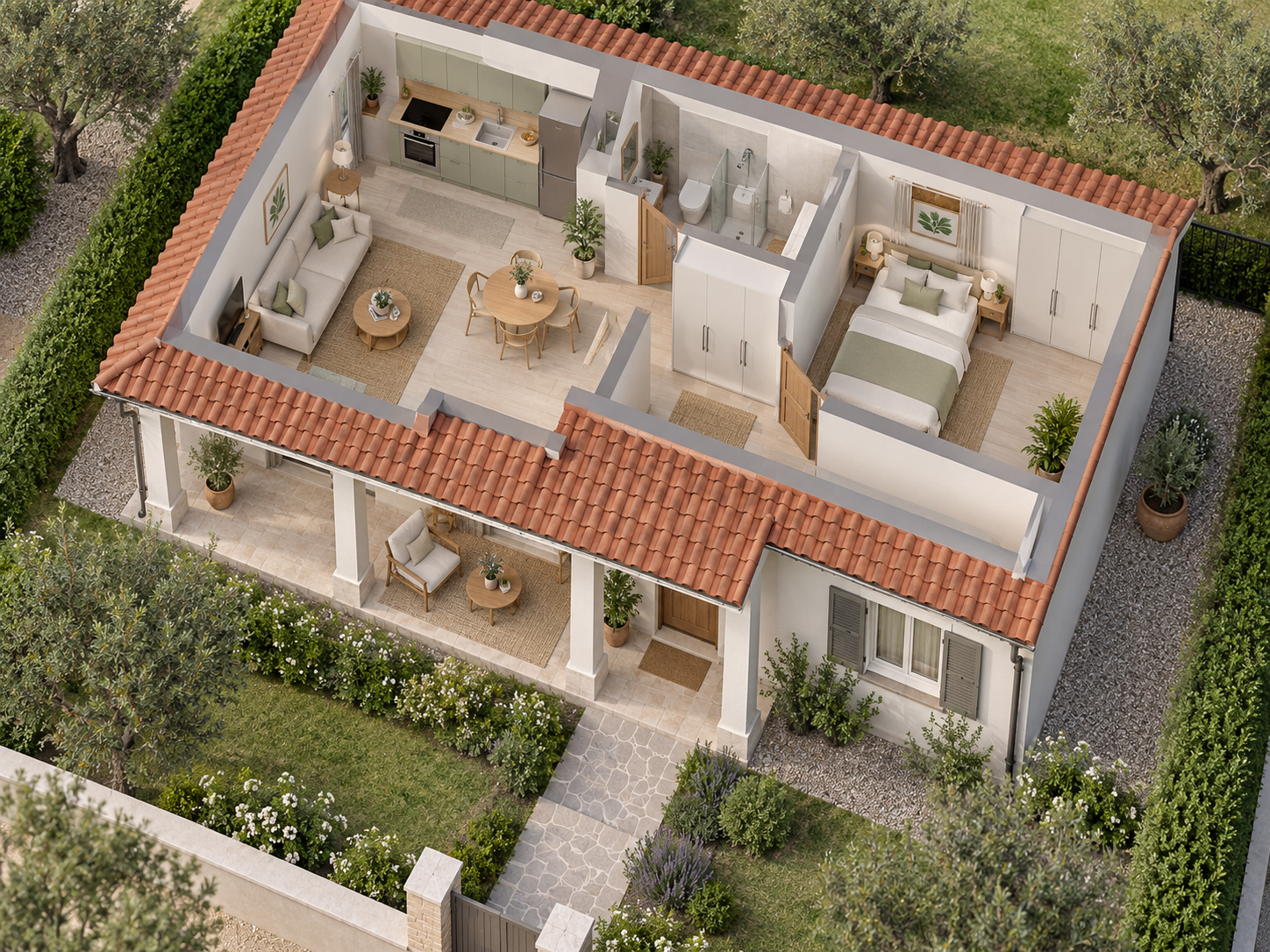 Architektonische Illustration eines kleinen Hauses mit getrenntem Schlafzimmer, Bad und offenem Wohnbereich.