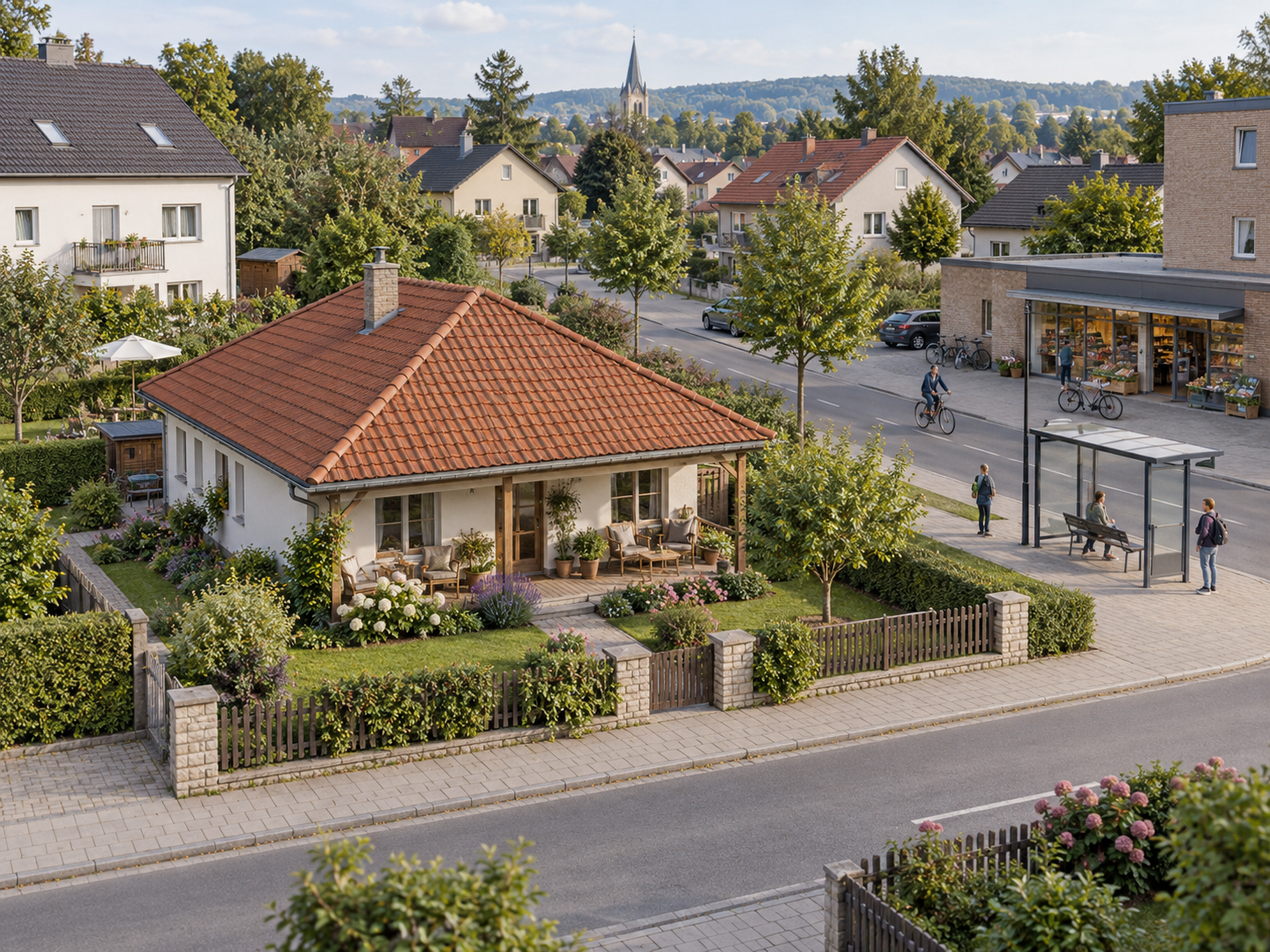 Kleines Haus mit Veranda in einem Wohnviertel mit Gehweg, Laden und nahe gelegener Bushaltestelle.