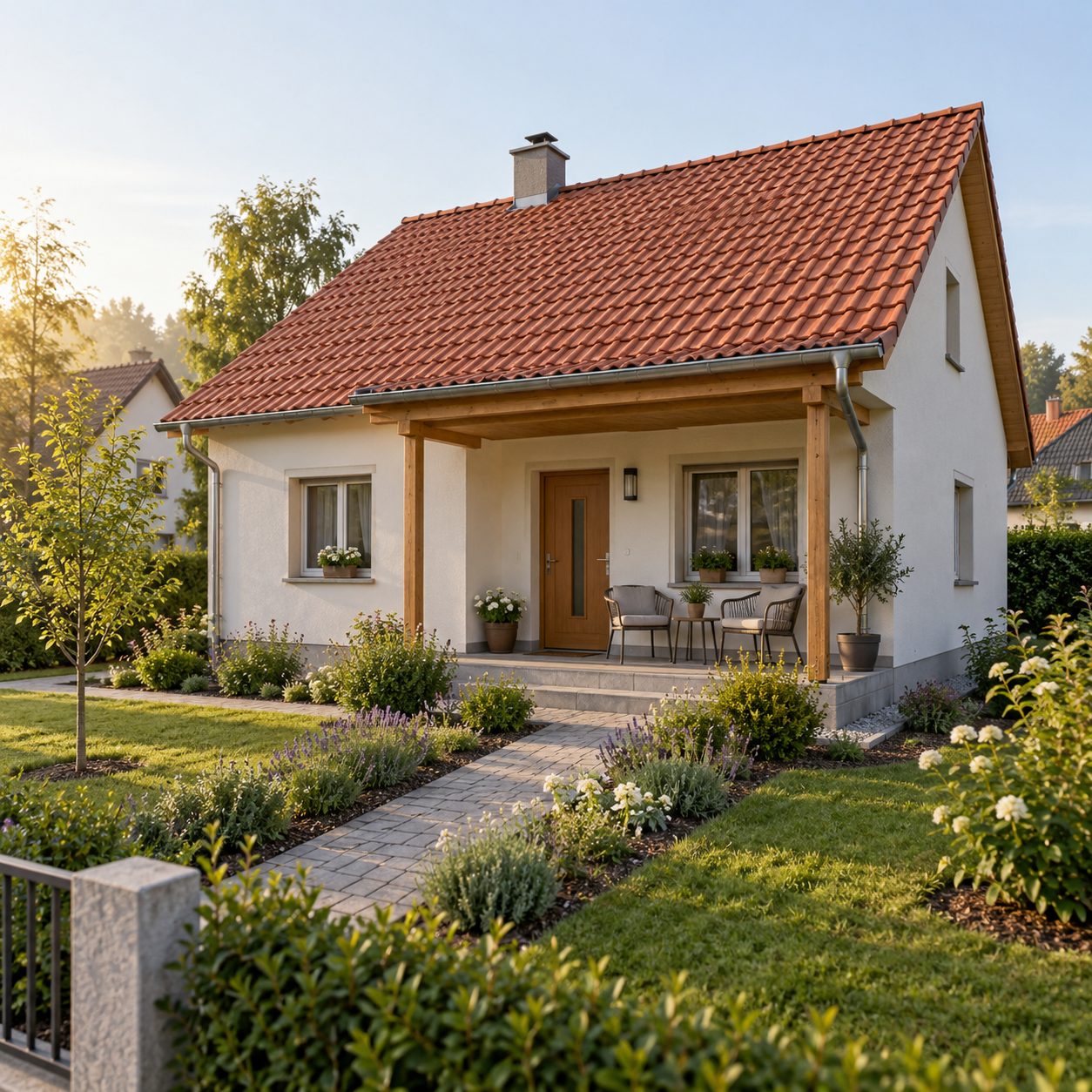 Kleines eingeschossiges Haus mit rotem Ziegeldach, überdachter Veranda und gepflegtem Vorgarten.