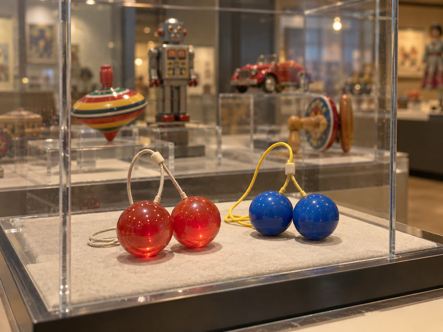 Klick-Klack-Kugeln als Sammlerstück in einer schlichten Vitrine