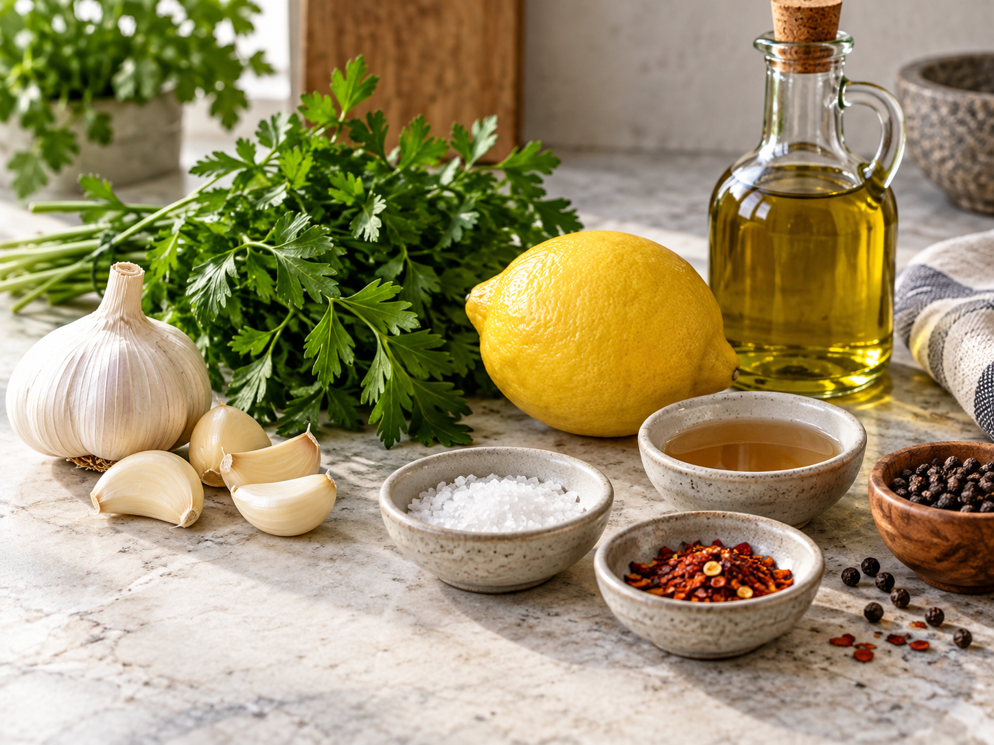 Zutaten für Knoblauch-Zitronen-Kräuter-Paste auf heller Steinfläche