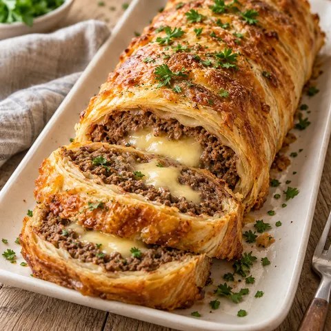 Hackfleisch-Käse-Rolle mit goldbrauner Käsekruste, Petersilie und geschmolzenem Gouda-Kern