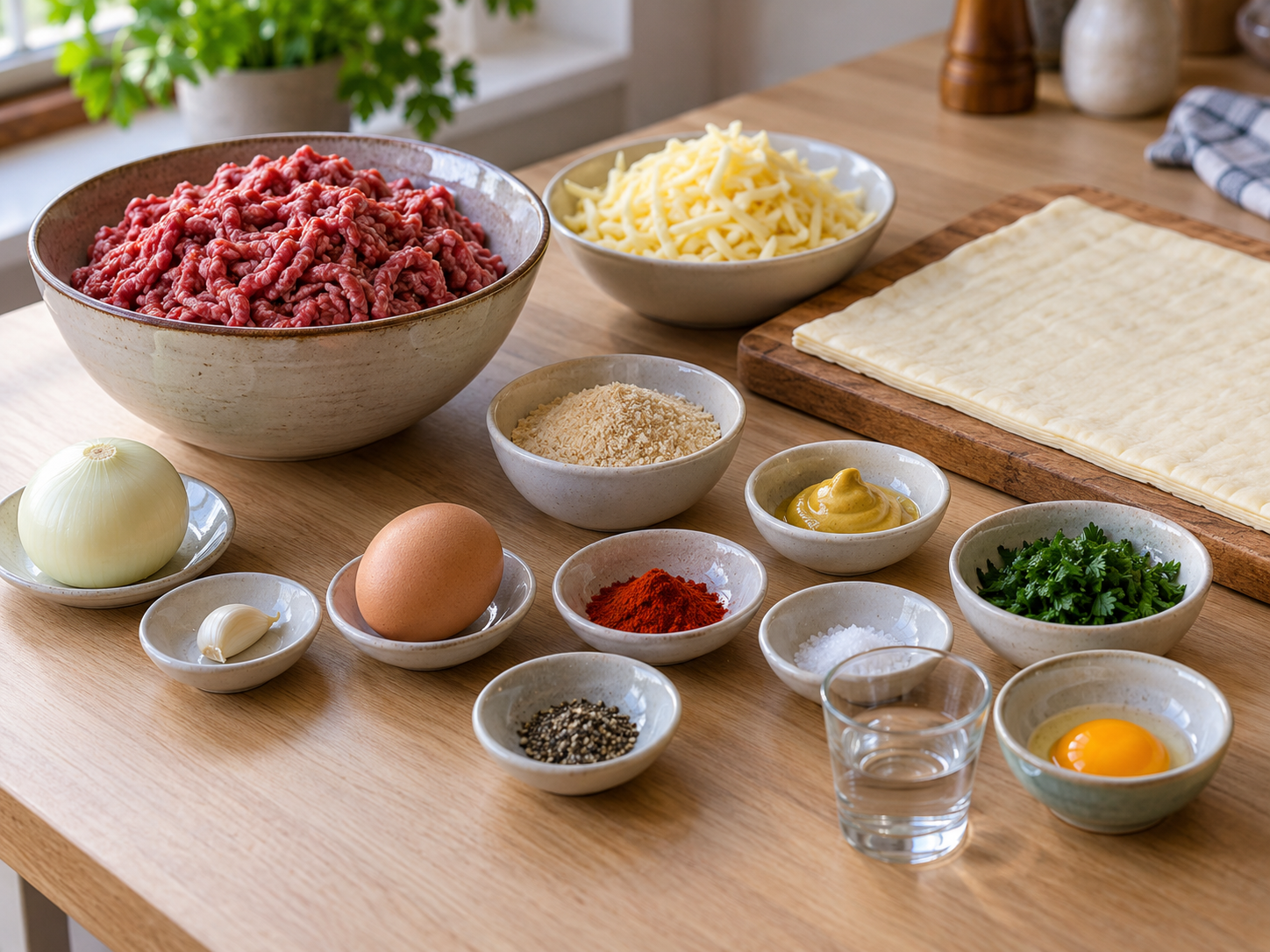 Rinderhack, Gouda, Blätterteig, Ei, Eigelb, Zwiebel und Gewürze für die Hackfleischrolle
