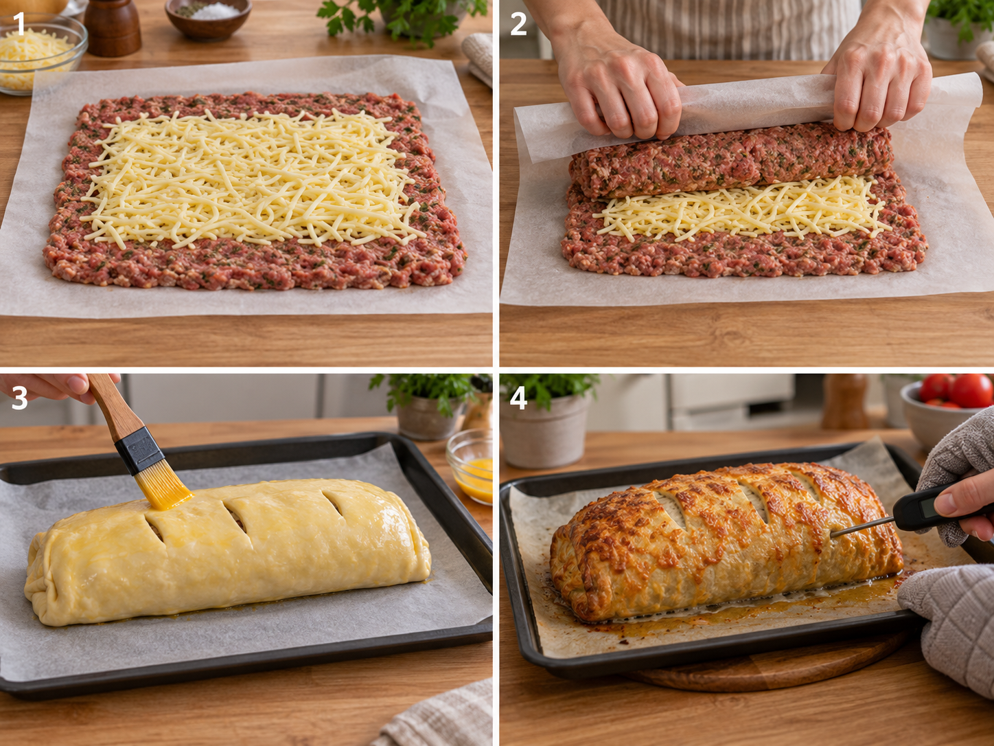 Hackfleisch mit Gouda füllen, aufrollen, mit Blätterteig umhüllen und die Gartemperatur prüfen