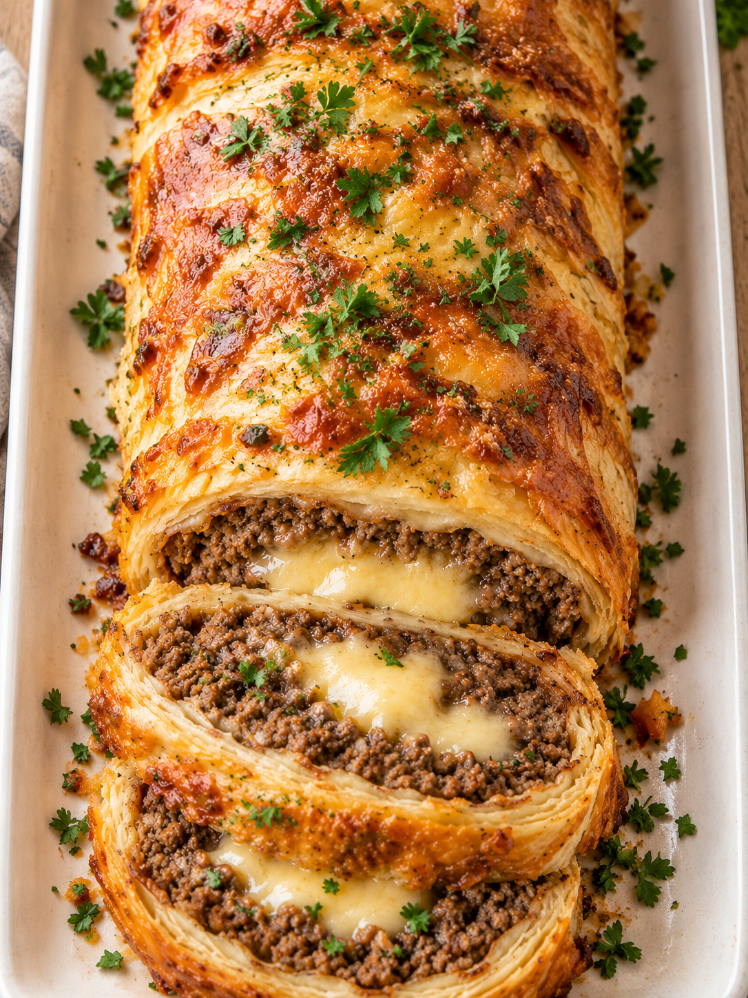 Aufgeschnittene Hackfleisch-Käse-Rolle mit Gouda-Kern und knuspriger Kräuter-Käsekruste