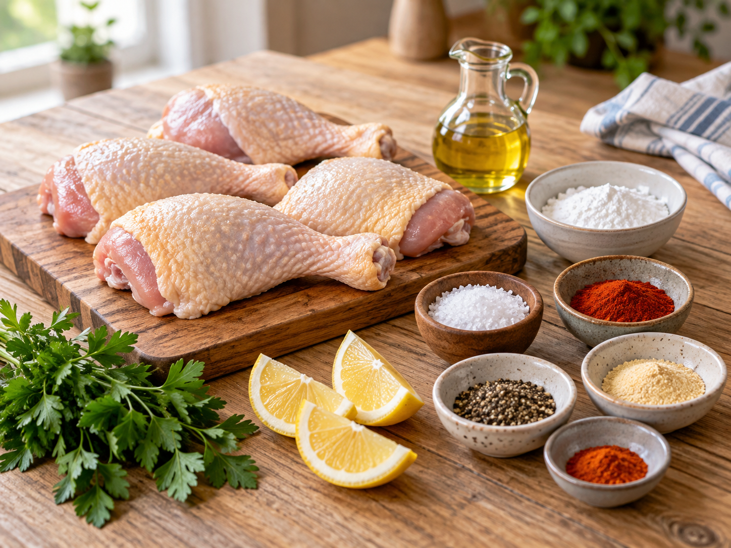 Rohe Hähnchenschenkel mit Gewürzen, Zitrone und Petersilie