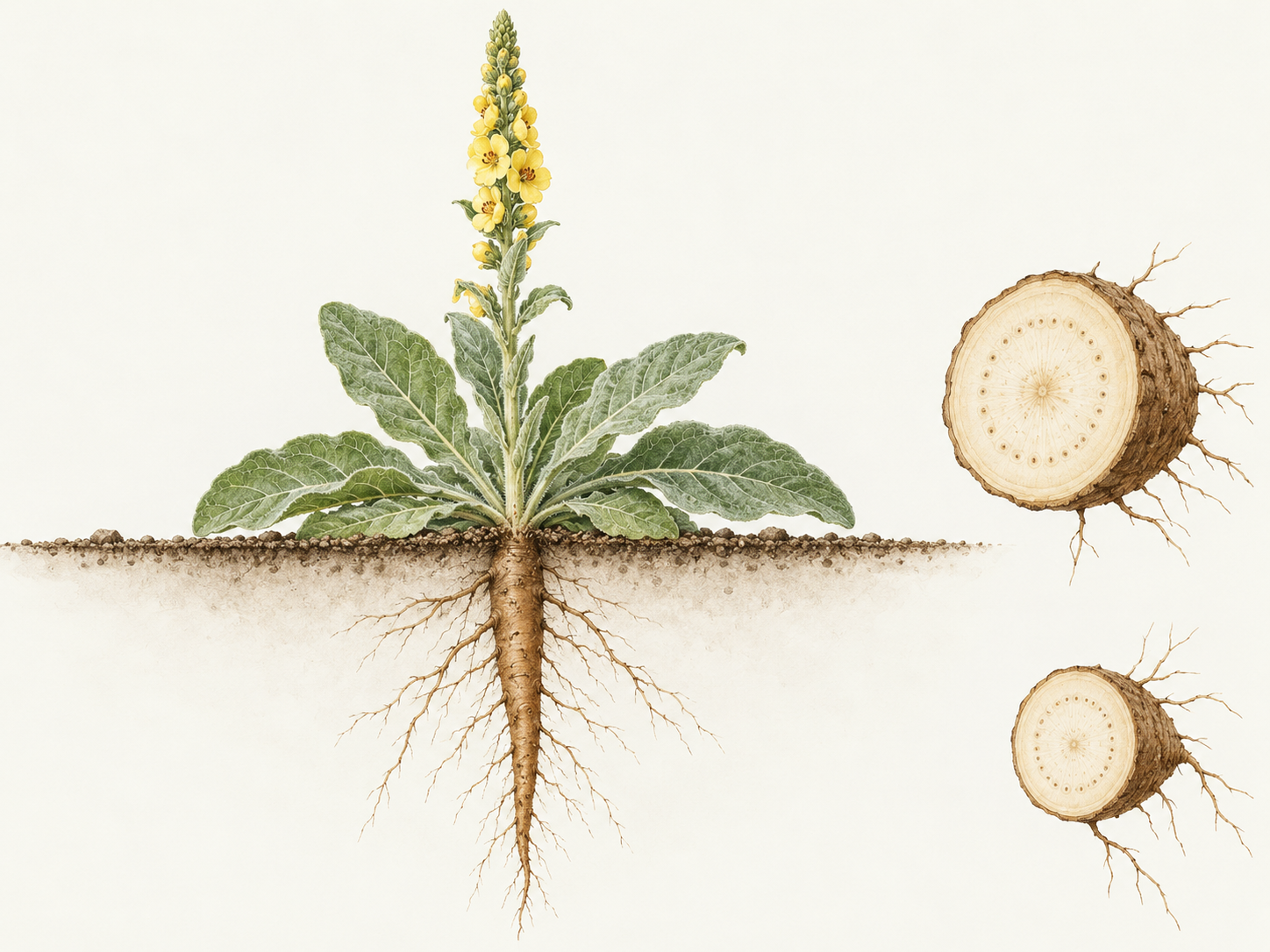 Botanische Darstellung einer Königskerze mit Rosette, Pfahlwurzel und kleinen Wurzelquerschnitten.