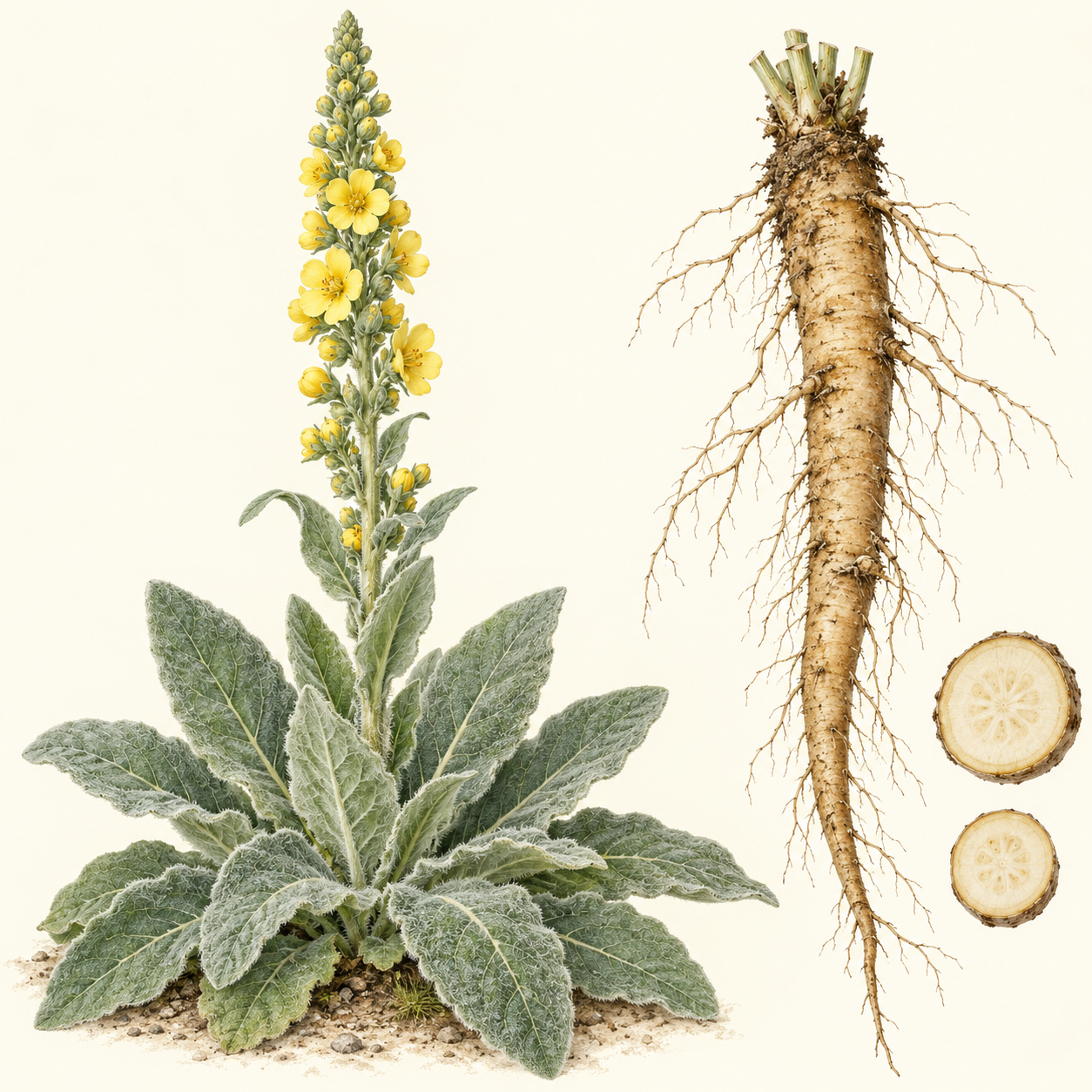 Botanische Illustration einer Königskerzenrosette neben einer Pfahlwurzel und zwei Wurzelquerschnitten.