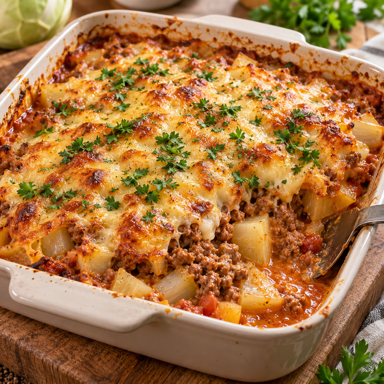 Kohlrabi-Hackfleisch-Auflauf mit goldener Käsekruste und Petersilie