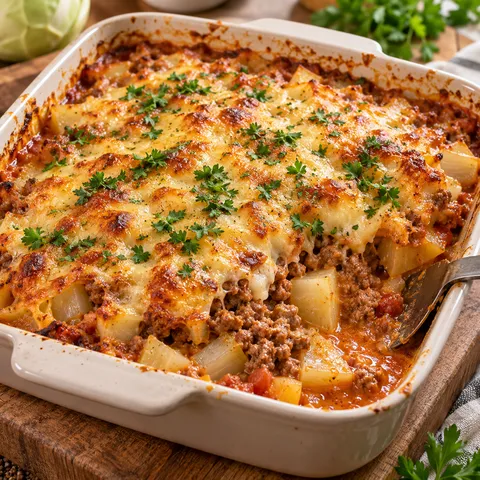 Kohlrabi-Hackfleisch-Auflauf mit goldener Käsekruste und Petersilie