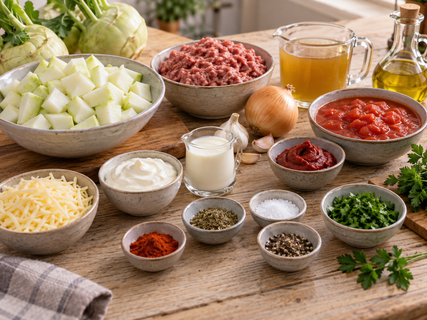 Zutaten für Kohlrabi-Hackfleisch-Auflauf mit Käse und Tomaten