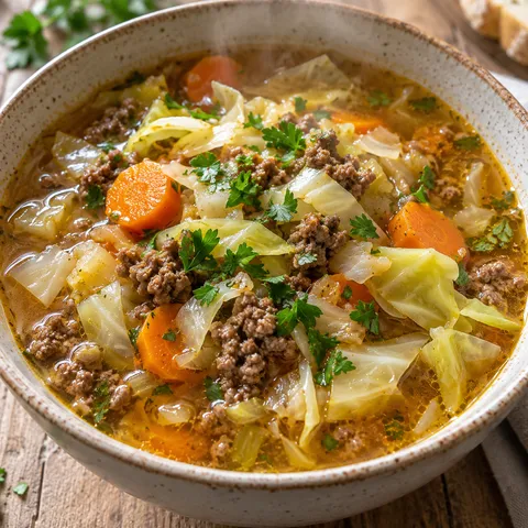 Kohlsuppe mit Hackfleisch, Weißkohl, Karotten und Petersilie