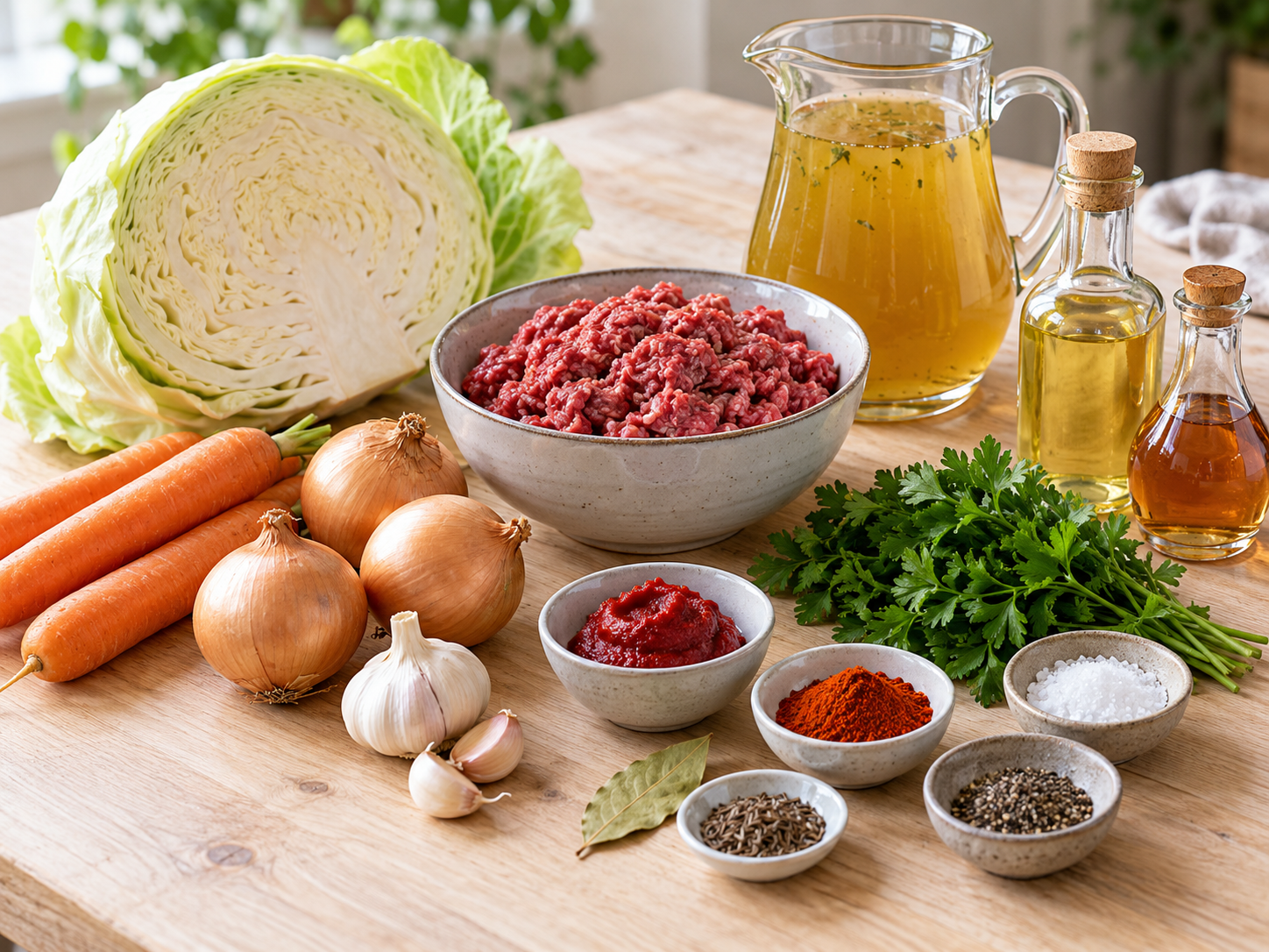 Zutaten für Kohlsuppe mit Hackfleisch auf heller Holzfläche