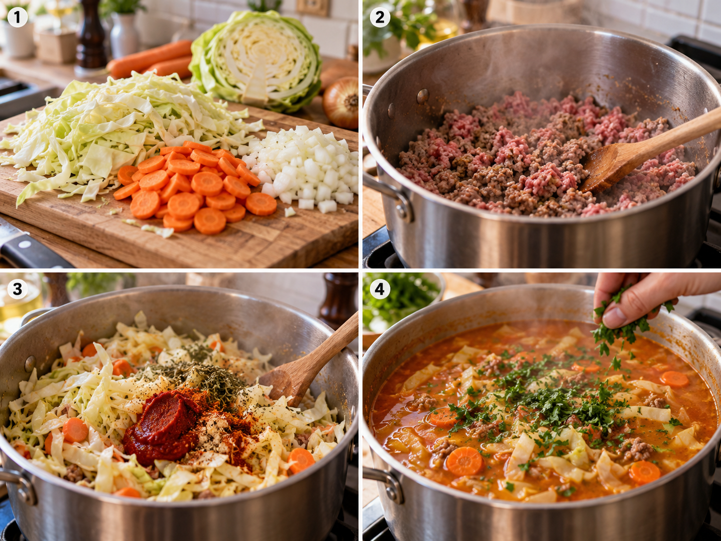 Vier Schritte der Kohlsuppe mit Hackfleisch im Topf