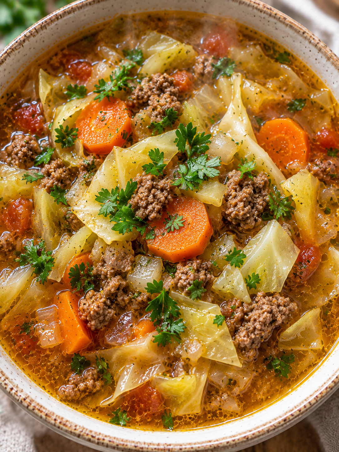 Schale Kohlsuppe mit Hackfleisch, Karotten und Petersilie