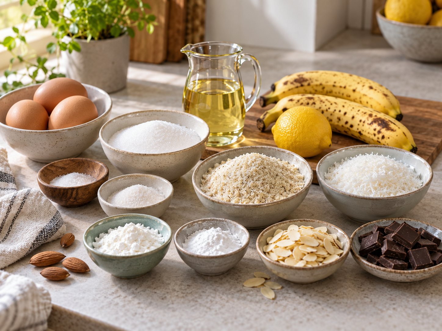 Zutaten für Kokos-Mandelkuchen mit Banane auf heller Arbeitsfläche