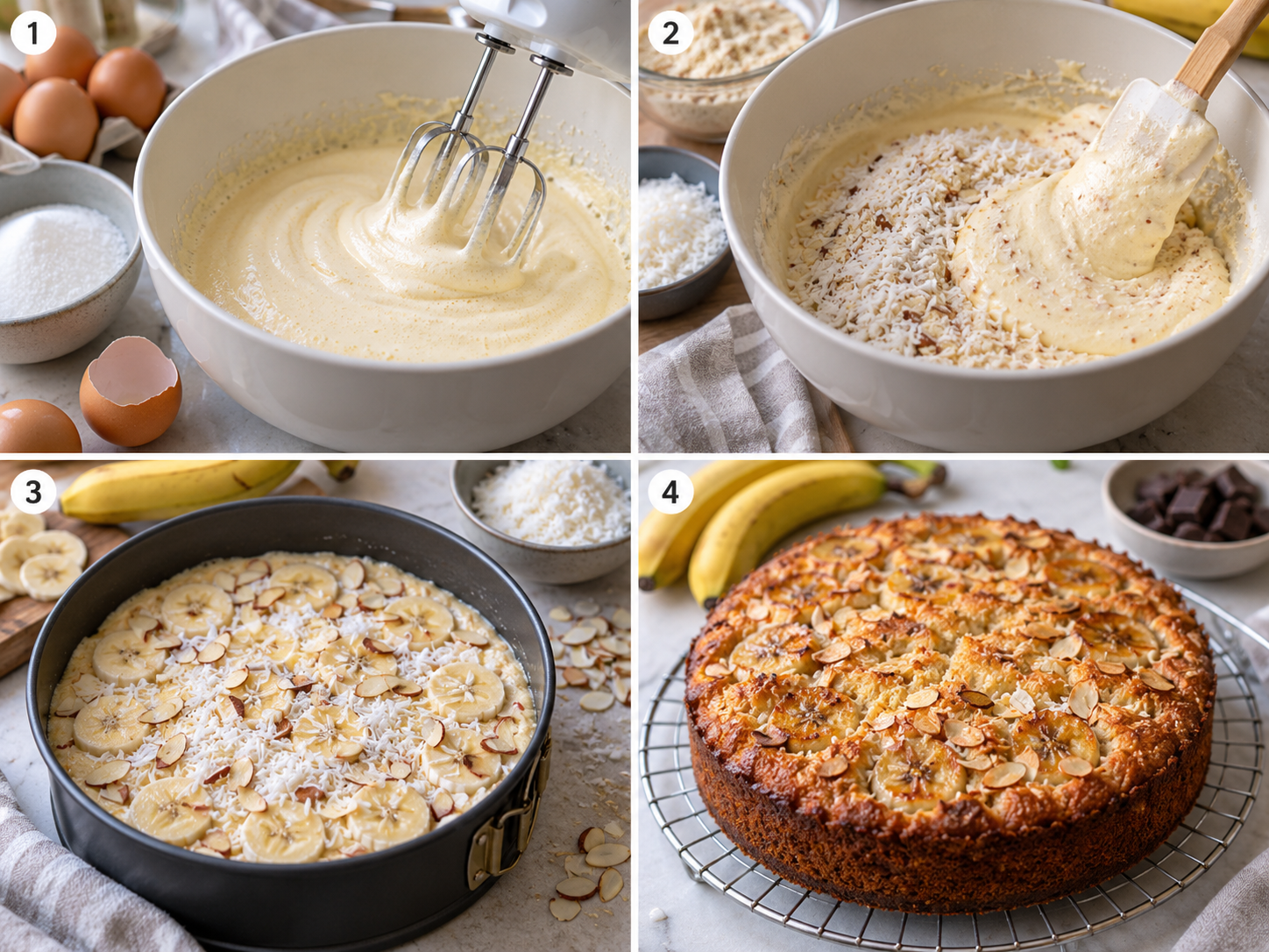 Vier Backschritte für Kokos-Mandelkuchen mit Banane