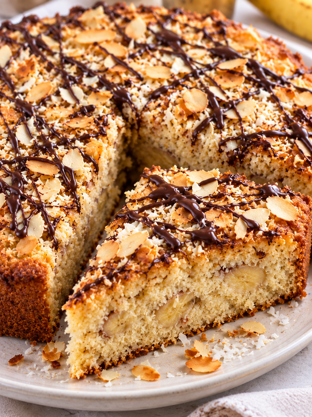 Saftiger Kokos-Mandelkuchen mit Banane und dunklen Schokostreifen