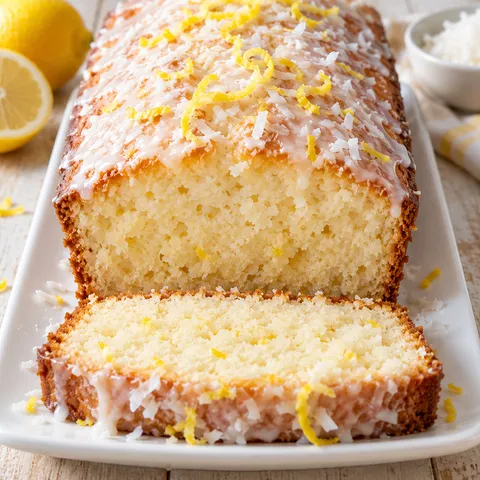 Kokos-Zitronen-Kuchen mit Zitronenglasur und Kokosraspeln