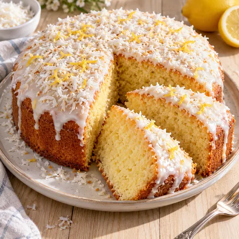 Runder Kokos-Zitronen-Kuchen mit weißer Glasur und angeschnittenem Stück