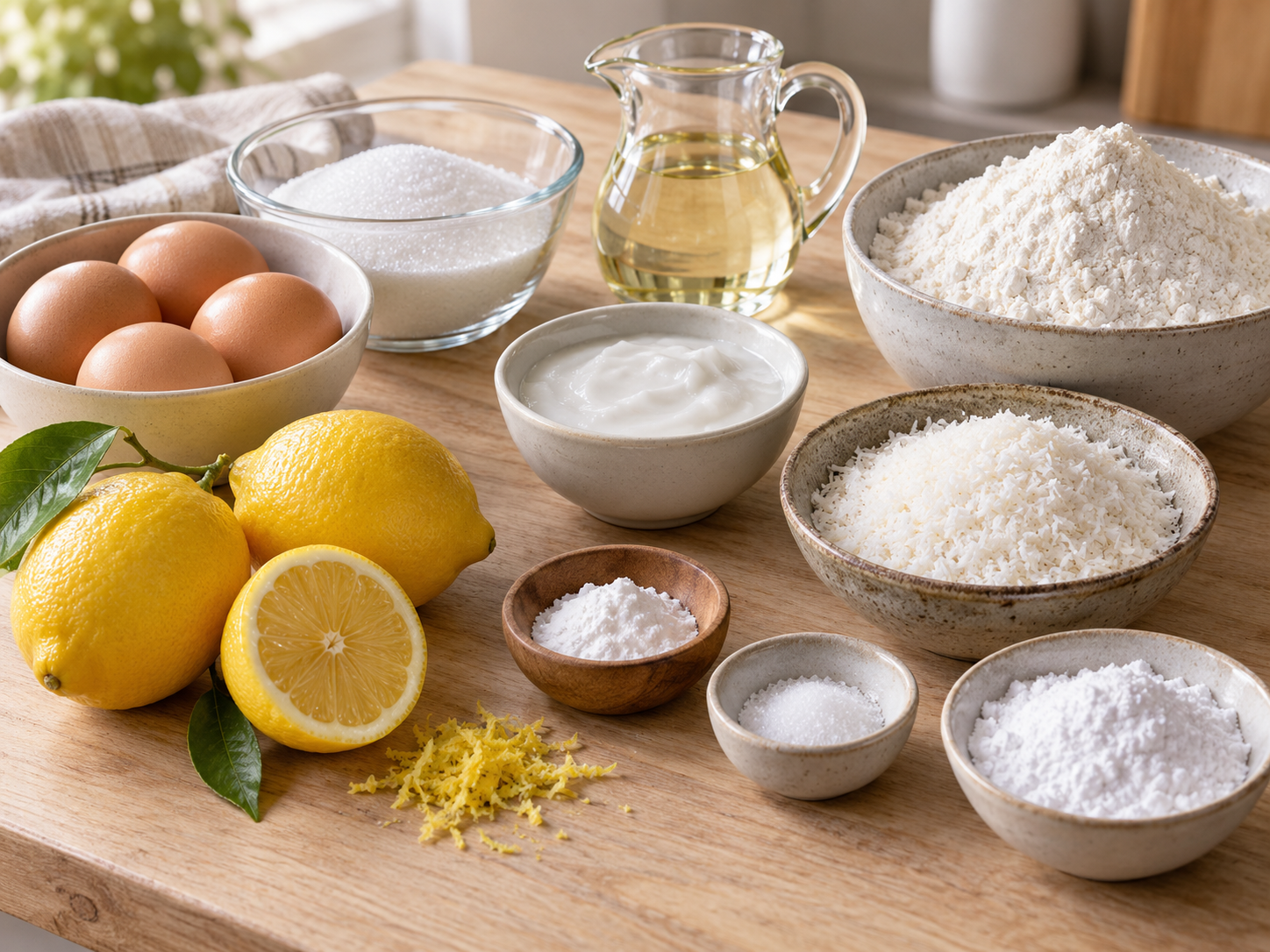 Zutaten für Kokos-Zitronen-Kuchen mit Zitronen, Kokosmilch und Kokosraspeln
