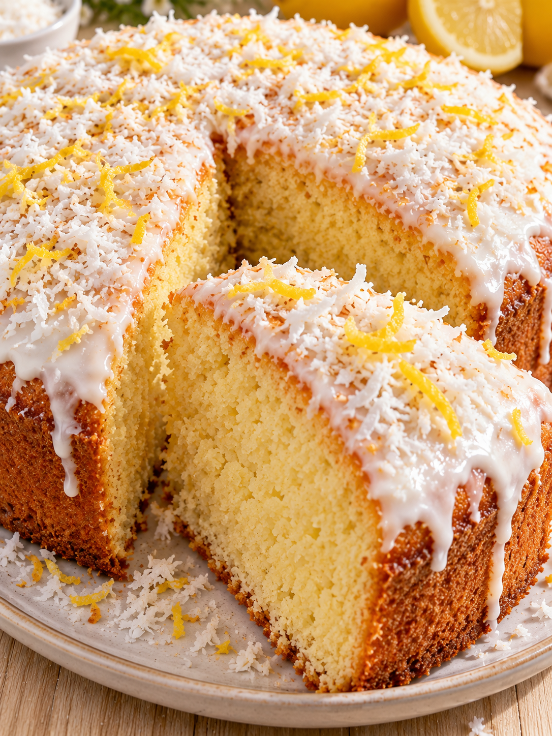 Angeschnittener Kokos-Zitronen-Kuchen mit weißer Glasur und Kokosraspeln