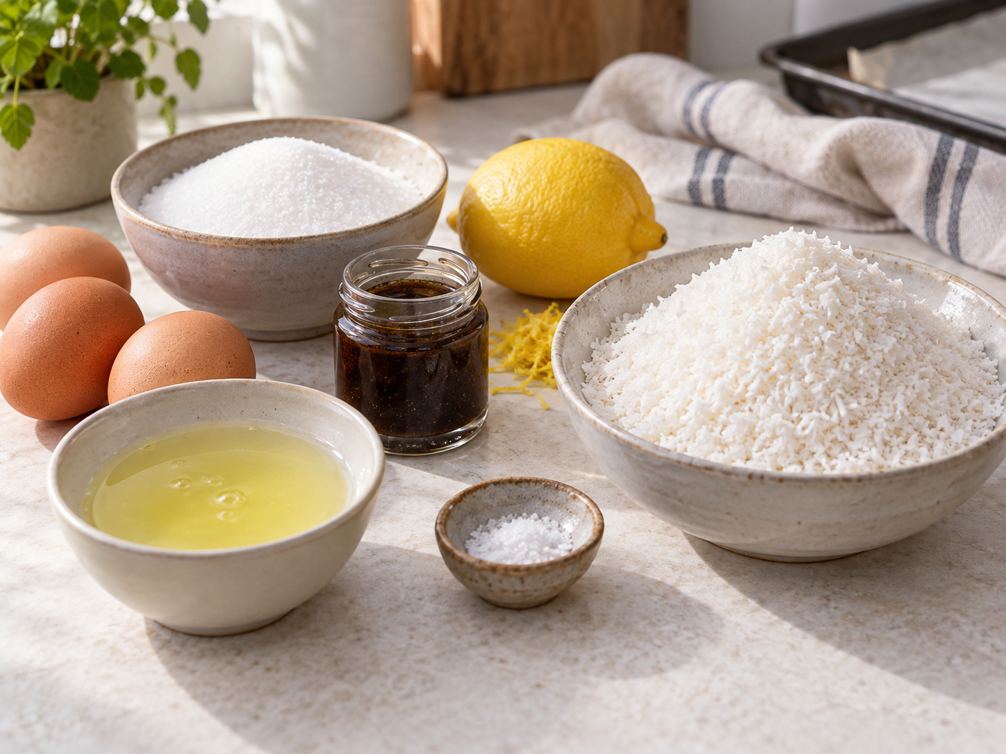 Zutaten für Kokoskekse mit Eiweiß, Zucker, Zitrone und Kokosraspeln
