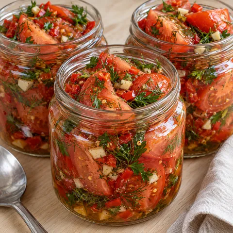 Drei Gläser mit marinierten Tomatenvierteln, Paprika, Knoblauch, Petersilie und Dill