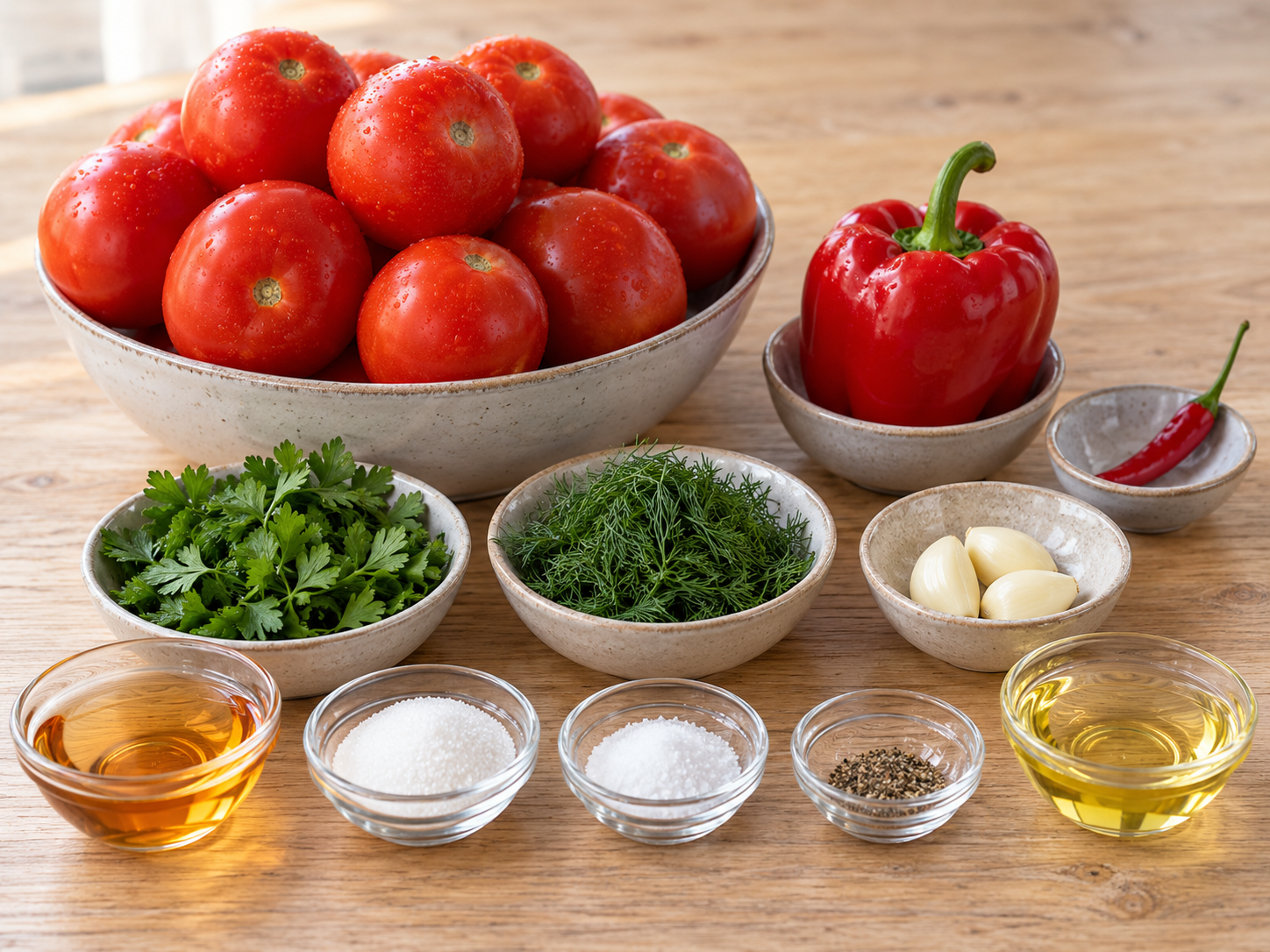 Tomaten, Paprika, Chili, Knoblauch, Kräuter und abgemessene Zutaten für die Marinade