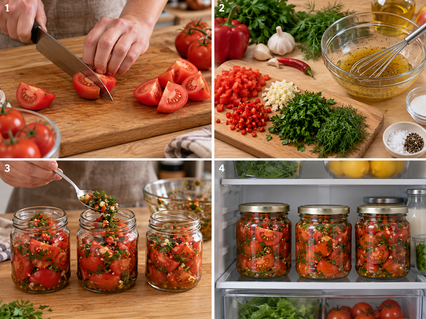 Tomaten vierteln, Kräutermarinade anrühren, Gläser füllen und im Kühlschrank ziehen lassen