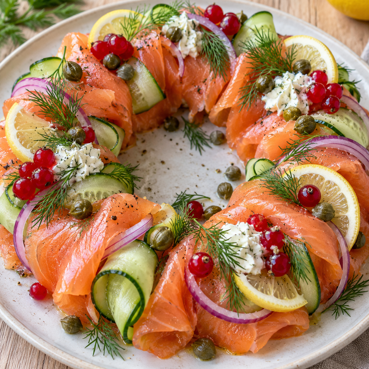 Kranz aus Räucherlachs mit Gurke, Dill, Kapern und Frischkäse