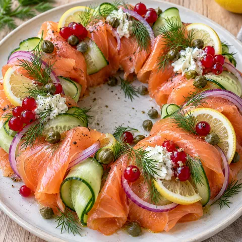 Kranz aus Räucherlachs mit Gurke, Dill, Kapern und Frischkäse