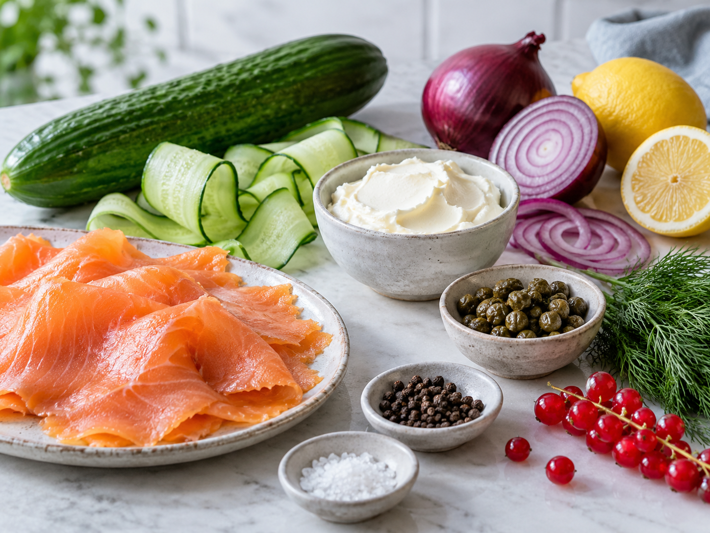 Zutaten für Räucherlachs-Kranz mit Gurke, Frischkäse und Dill