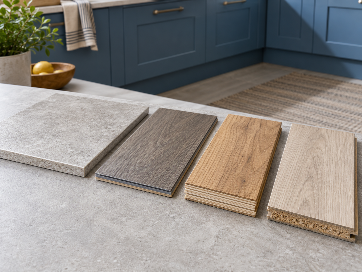 Fliese, Vinyl, Parkett und Laminat zeigen im seitlichen Anschnitt unterschiedliche Materialaufbauten.