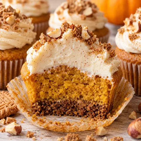 Kürbis-Cupcakes mit Frischkäsecreme und Spekulatiusboden