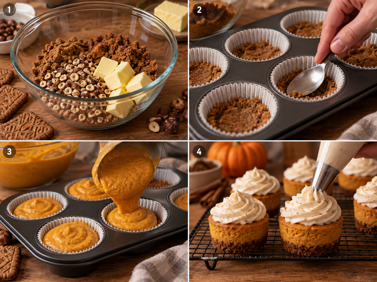 Vier Schritte für Kürbis-Cupcakes mit Spekulatiusboden