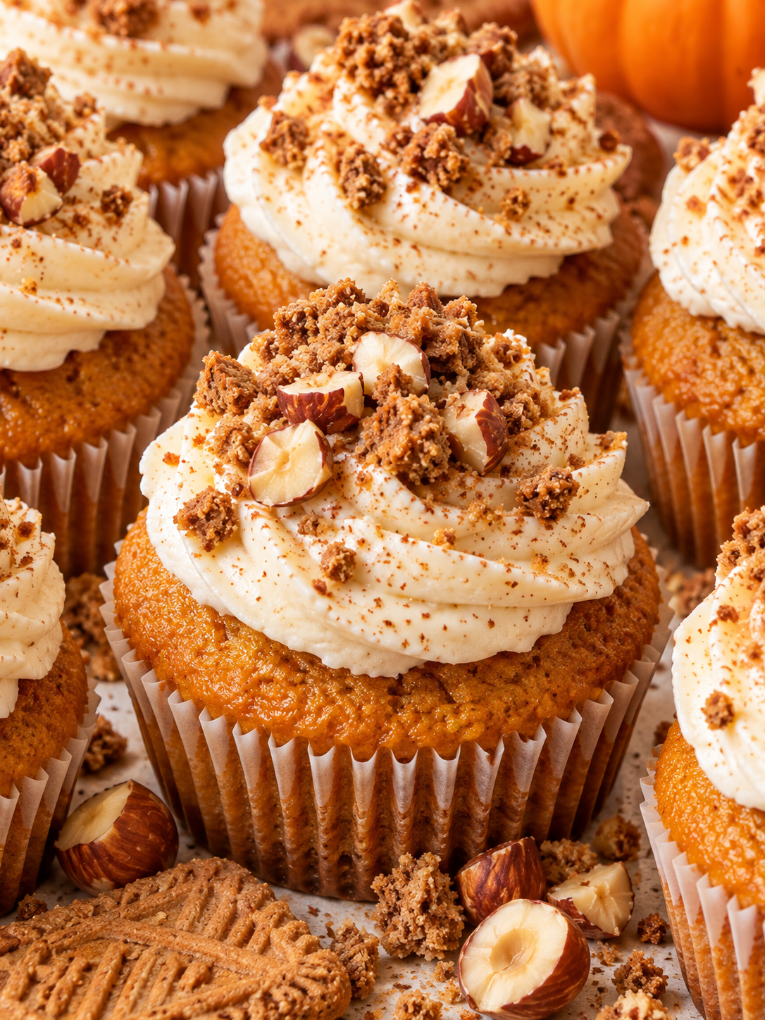 Kürbis-Cupcakes mit Zimtcreme, Spekulatiusbröseln und Haselnüssen
