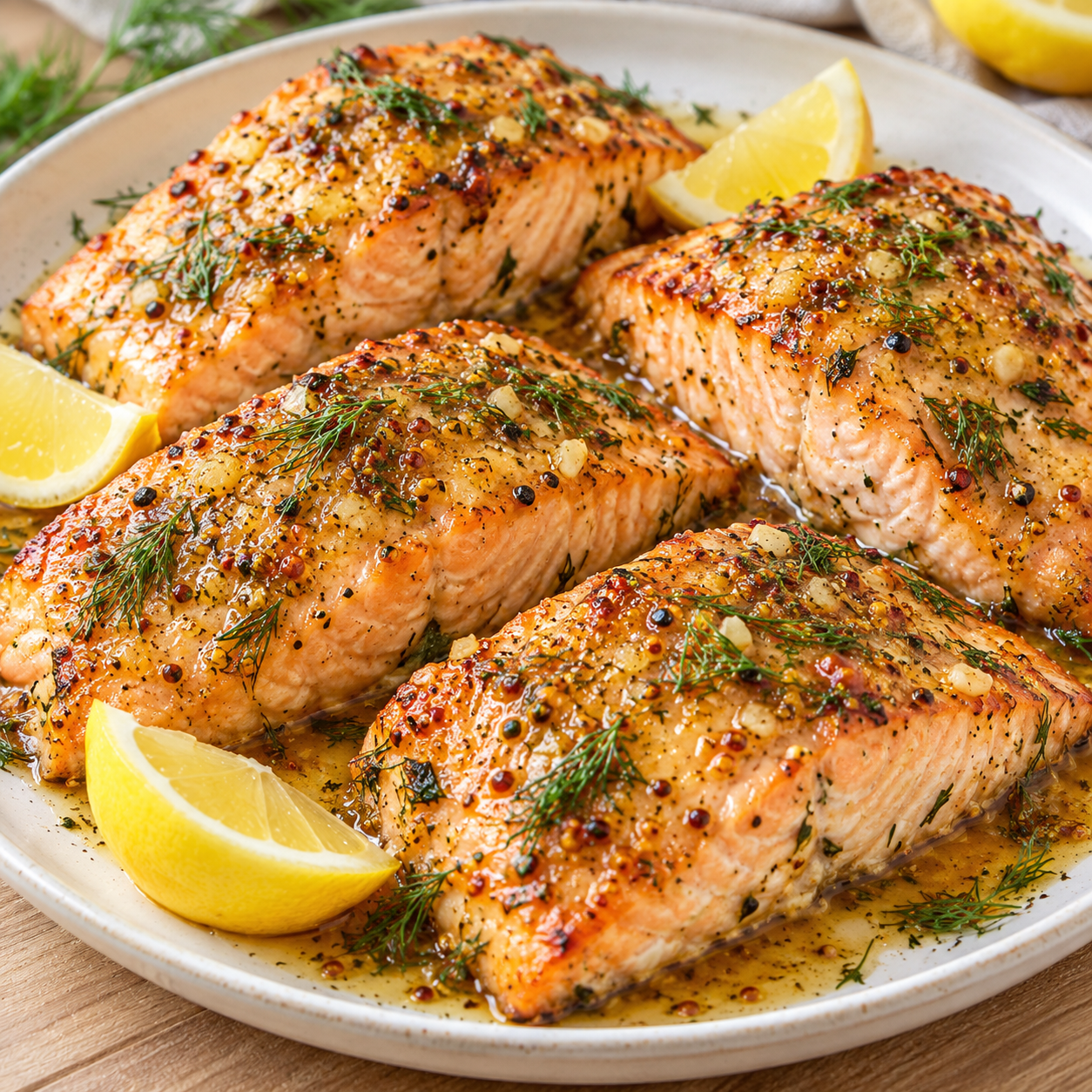 Gebackener Lachs mit Honig-Senf-Dill-Marinade und Zitrone