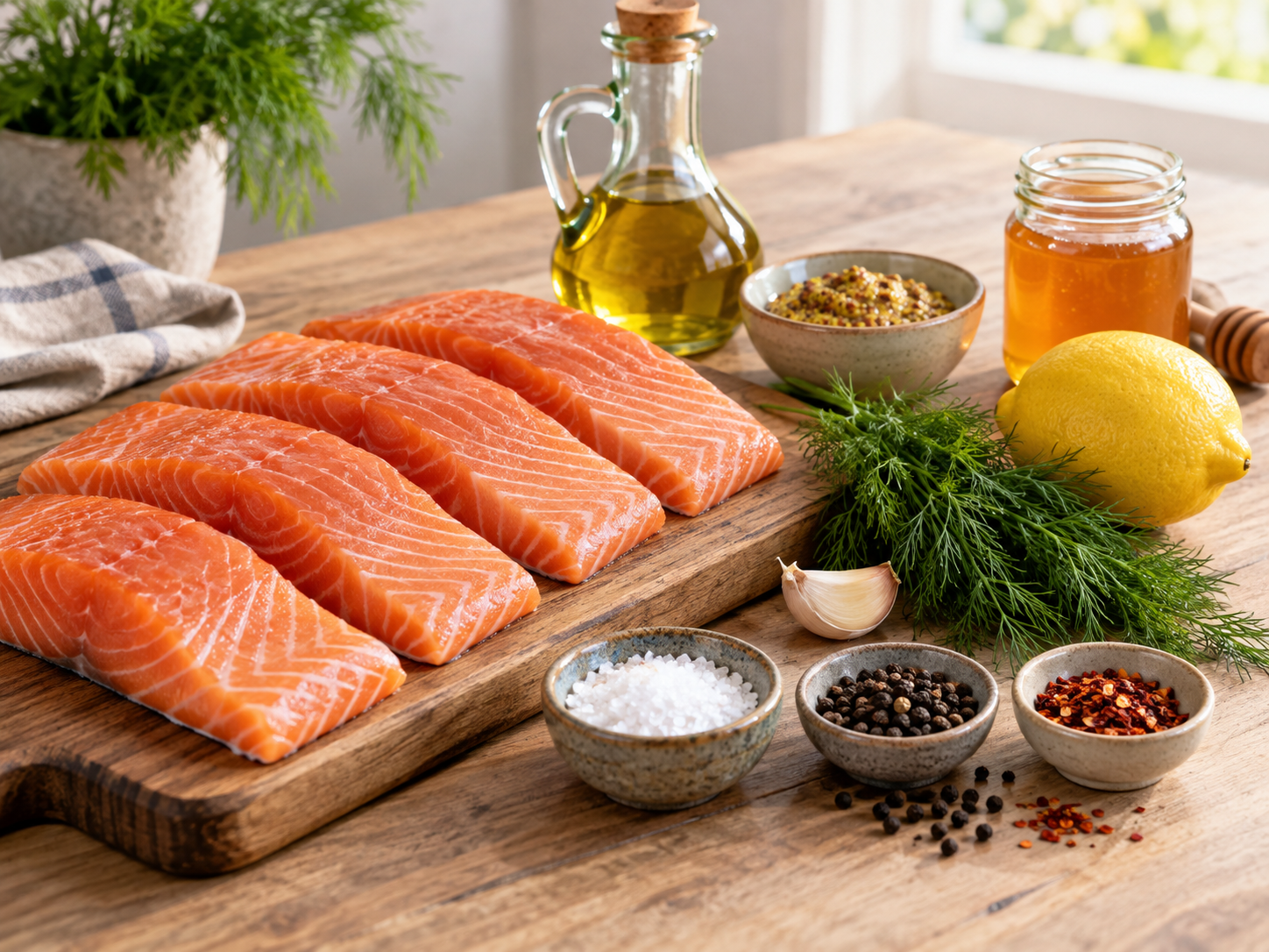 Zutaten für Lachs-Marinade mit Senf, Honig, Zitrone und Dill