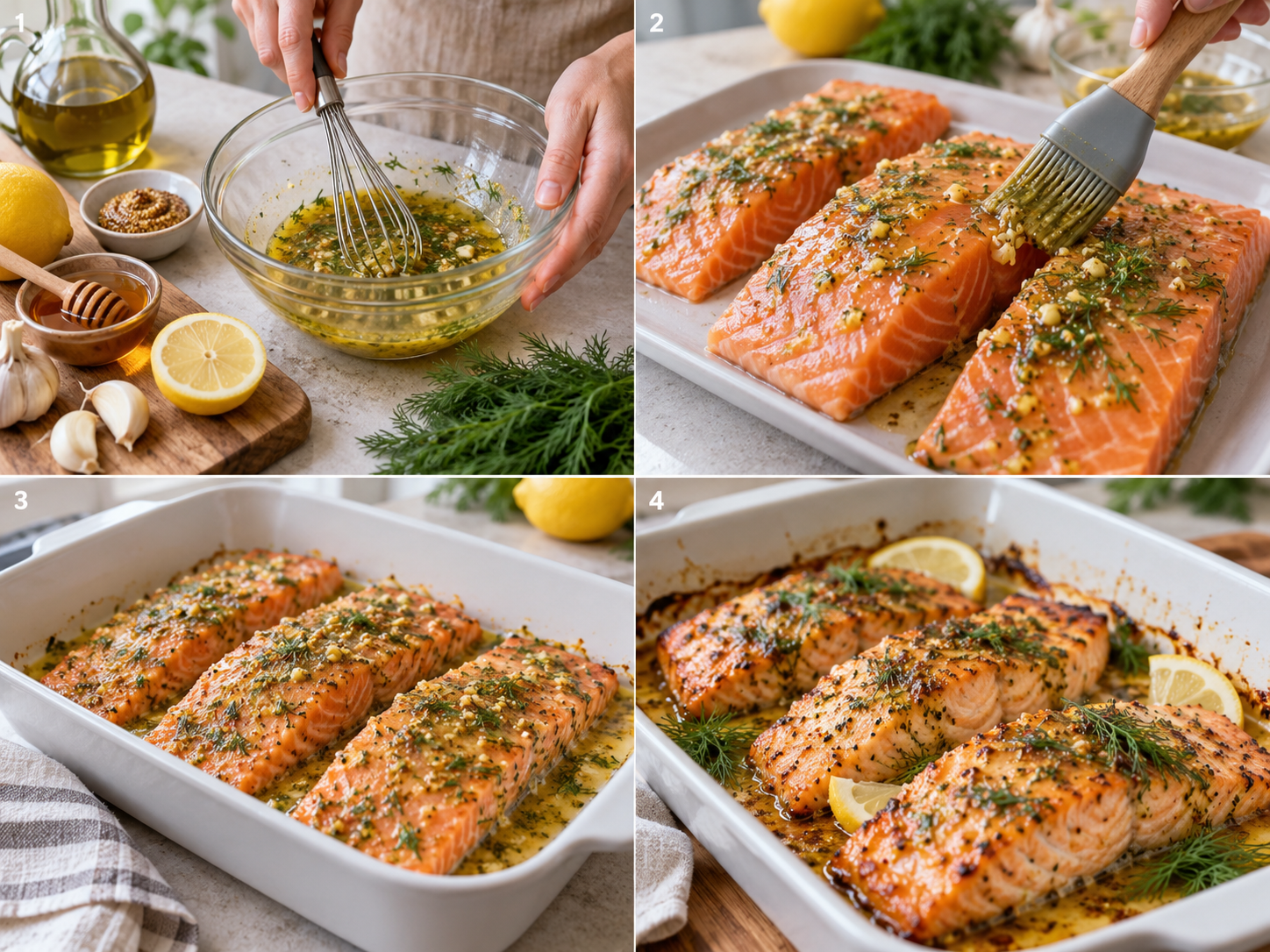 Vier Schritte für Lachs-Marinade vom Verrühren bis zum gebackenen Fisch