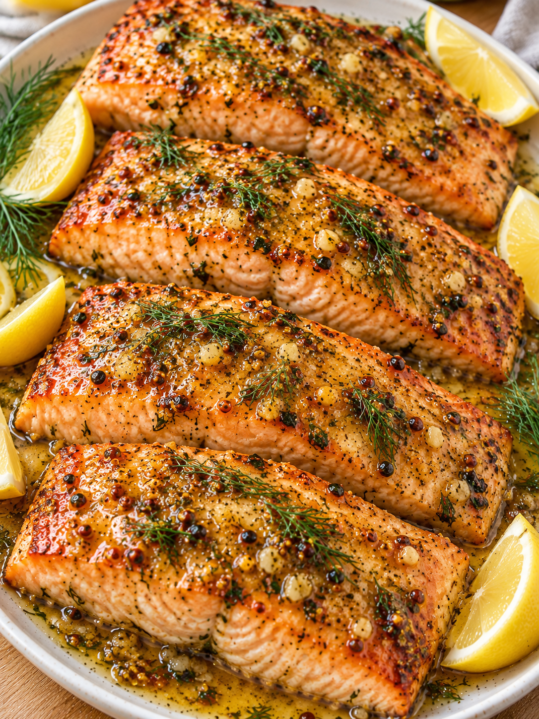 Saftiger Ofenlachs mit Honig-Senf-Dill-Marinade und Zitrone