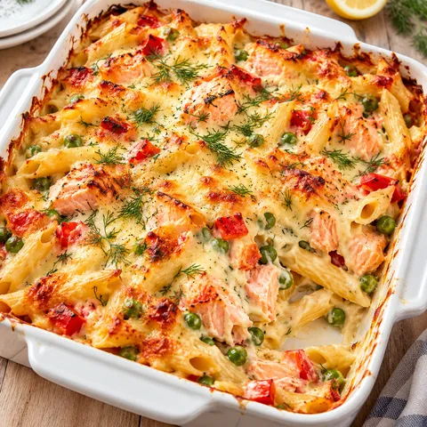 Cremiger Lachs-Nudel-Auflauf mit Käsekruste, Erbsen und Paprika