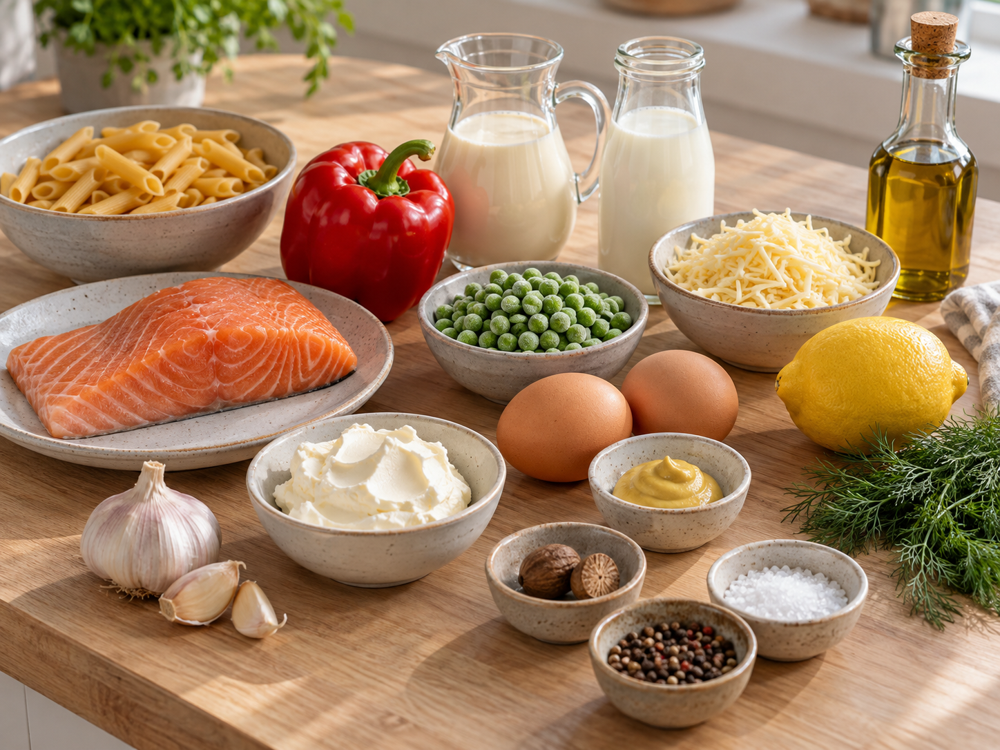 Zutaten für Lachs-Nudel-Auflauf mit Lachs, Nudeln, Gemüse und Käse