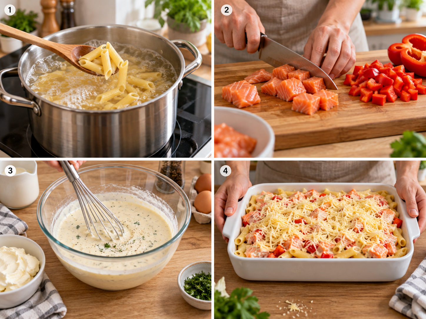 Vier Schritte für Lachs-Nudel-Auflauf vom Vorkochen bis zur Auflaufform