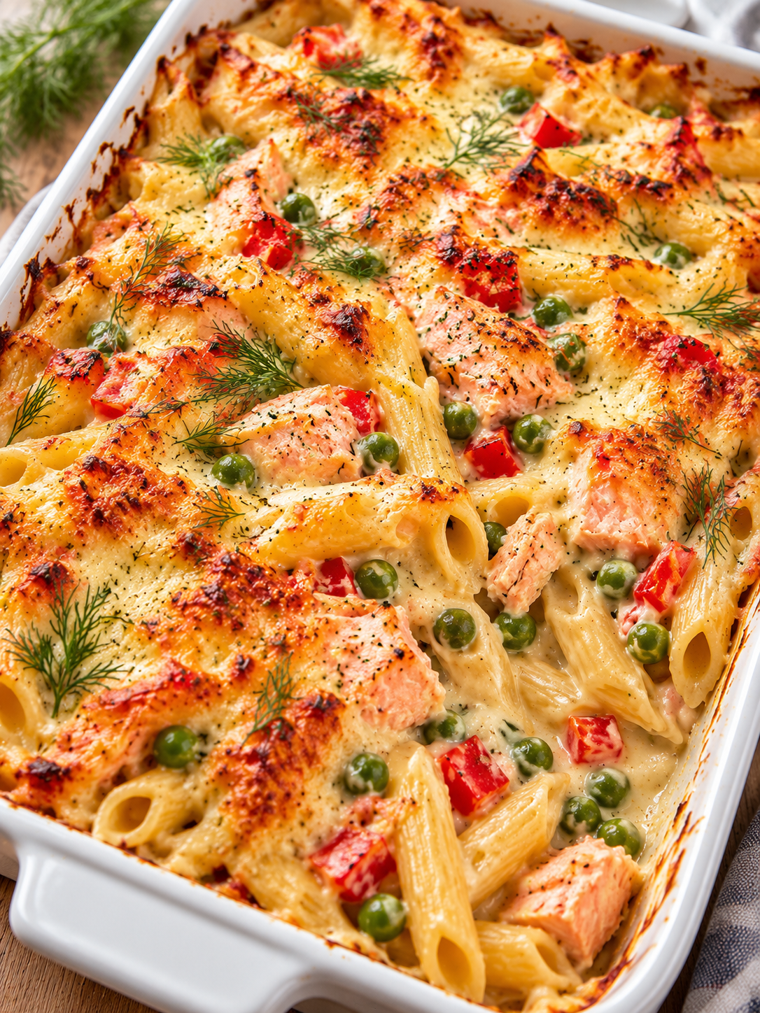 Goldbrauner Lachs-Nudel-Auflauf mit cremiger Sauce und frischem Dill