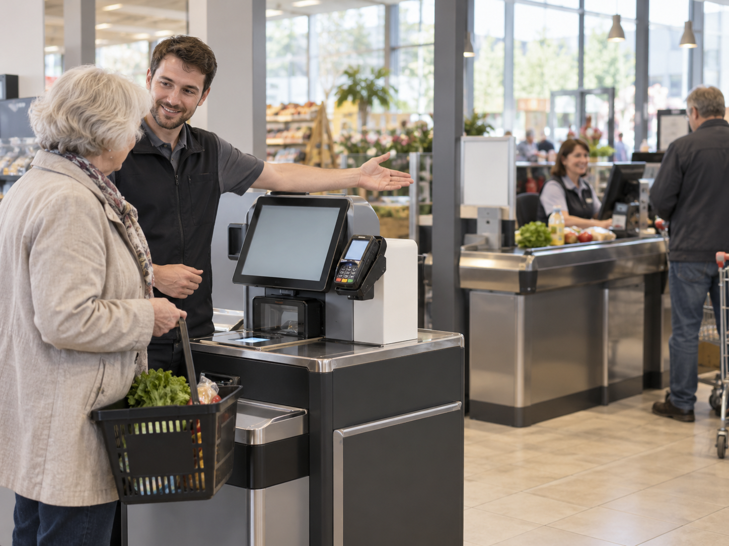 Ein Mitarbeiter zeigt einer älteren Kundin neben der Selbstbedienungskasse eine bediente Kasse.